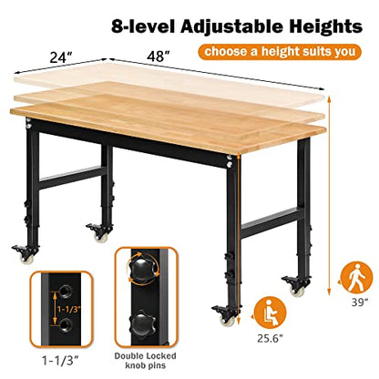 Betterhood 48" Heavy-Duty Adjustable Workbench for Garage, Rubber Wood Shop Table W/Metal Wheels, Hardwood Workstation Weight Capacity Over 2000 Lbs with Wheels - size: Metal Wheels / 48"x23.6"x39"