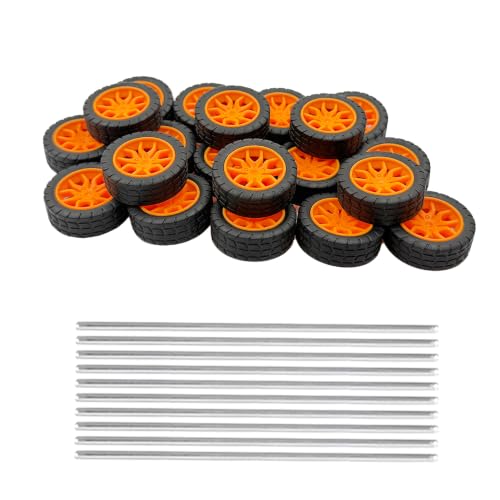 20PCS Toy Car Wheel 30mm Model Car Rubber Tire Wheels with 10PCS Shaft Round Rod Axles for DIY Model Toy RC Car Truck Robot Building Accessories (Orange 2x30mm) - style: Orange 2x30mm