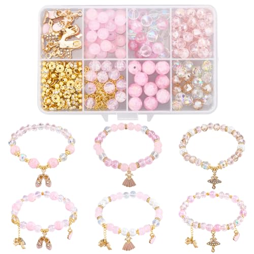 SUNNYCLUE 1 Box DIY 6 Sets Valentine's Day Glass Bead Bracelet Kit Dancer Charms Enamel Pink Heart Rhinestone Dance Dress Shoes Gold Bowknot Charms for Jewelry Making Kits Beginner Wedding Supply - style: Dance 4