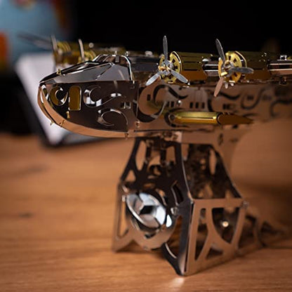 METAL-TIME Splashing Dreamer Artistic Design of Flying Boat Model, 3D Metal Airplane Model Mechanical Building Kit, Unique Wind-Up Moving Mechanism, Stainless Steel DIY kit with Toolbox - 124 Pieces.