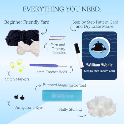 KelliDream Magic Circle Tool Inclusive Learn to Crochet Kit for Beginners; Step-by-Step Video Tutorials; All Supplies to Make Cute Amigurumi (Whale) - color: Whale