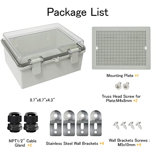 Junction Box IP65 Waterproof ABS Plastic Enclosure Hinged PC Clear Cover Electrical Project Box with Mounting Plate, Wall Brackets, Cable Glands 8.7"x 6.7" x 4.3"(220 * 170 * 110mm) - color: Clear Cover, size: 8.7"x 6.7" x 4.3"