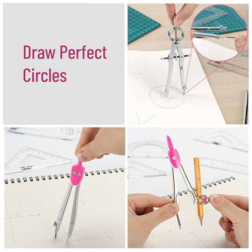 Mr. Pen- Geometry Set, 13 pcs, 3 Metal Compasses, Protractor, 6" Ruler - color: Pink