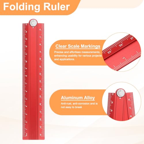 HARFINGTON Folding and Straight Ruler Kit 30/15cm Metric Aluminum Alloy Plastic Protractor Foldable Angle Ruler for Home Classroom Office, Red - color: Red