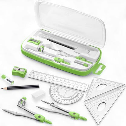 Zonon 10 Pcs Math Geometry Set for Student Compass Protractor, Green - color: Green
