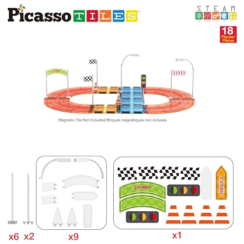 PicassoTiles Magnet Tile Compatible Building Race Track Kit Traffic Sign Accessory Stabilizers with Sticker Set STEM Educational Magnets Toddler Racecourse Structure Blocks Add On Ages 3+ PTR01 - color: 18 Pcs Traffic Sign