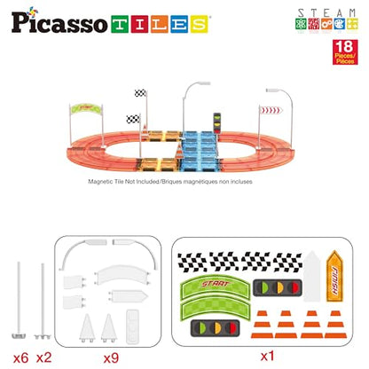 PicassoTiles Magnet Tile Compatible Building Race Track Kit Traffic Sign Accessory Stabilizers with Sticker Set STEM Educational Magnets Toddler Racecourse Structure Blocks Add On Ages 3+ PTR01 - color: 18 Pcs Traffic Sign