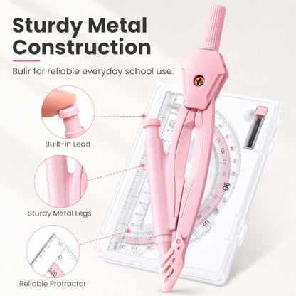 Sooez Lockable Metal Compass and Protractor Set, Compass Drawing Tool - color: Pink