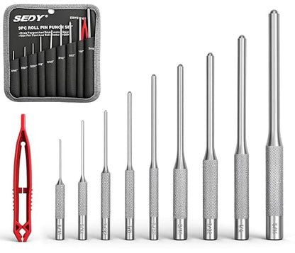 9-Piece Roll Pin Punch Set - Fast Pin Removal - Durable Steel & Construction - For Automotive, Firearm Maintenance, Watch, Jewelry & Craft Repair - Knurled Grip - Versatile Sizes