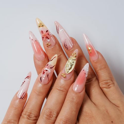 Handmade Press on Nails Long Stiletto - Virgin Mary 3D Gold Charm Pink Ombre Lily Flower Fake Nails, Reusable Acrylic Nail Art Kit for Women, 10Pcs (Blush Gilded Gold,M) - color: Blush Gilded Gold, size: M