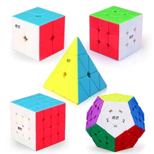 Roxenda Speed Cube Set, Speed Cube Bundle of 2x2 3x3 4x4 Megaminx and Pyramid Cube Smoothly Stickerless Magic Cubes Collection for Kids Teens & Adults [5 Pack] - color: 5 Pack Stickerless