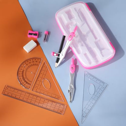 Zonon 10 Pcs Math Geometry Set for Student Compass Protractor, Pink - color: Pink