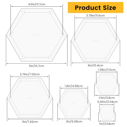 6pcs Hexagon Templates Quilting 1, 1.5, 2 3 4 5 Inch Quilting Templates for Cutting Patterns with 1/4 Inch Seam Allowance(Color:Clear)
