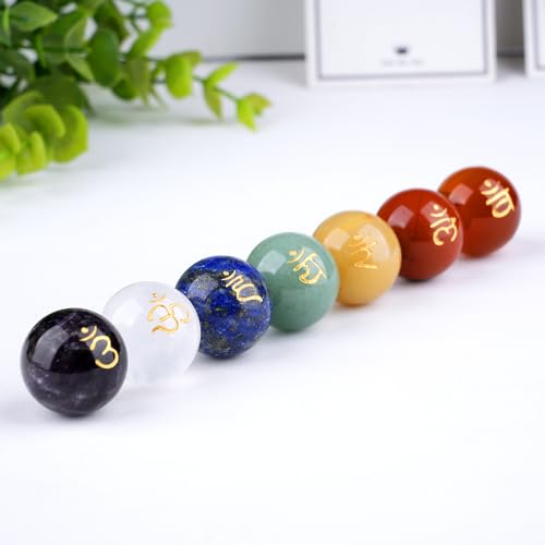 TGS Gems 7pcs Chakra Sphere Crystal Stones Natural Reiki Healing Crystals Gemstones with Engraved Chakra Symbol Chakra Stone Kit for Meditation Crystal - color: Ckl-yq