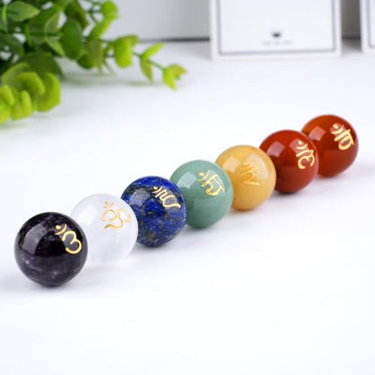 TGS Gems 7pcs Chakra Sphere Crystal Stones Natural Reiki Healing Crystals Gemstones with Engraved Chakra Symbol Chakra Stone Kit for Meditation Crystal - color: Ckl-yq