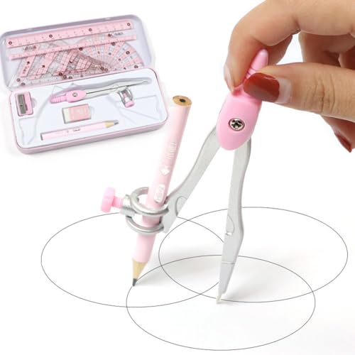 8 Pcs Compass/Math Set for Students with Shatterproof Storage Box, Geometry Set for School, Includes Ruler, Protractor, Compass, Pencil,Pencil Sharpener and Eraser,etc. Perfect Gift (Pink)