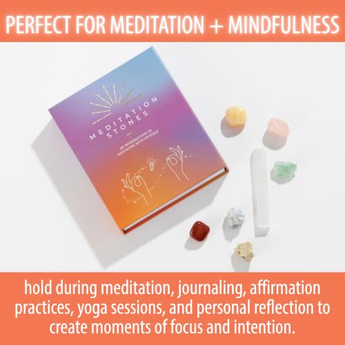 Crystal Collection Meditation Stones Set with Rose Quartz, Blue Calcite, Yellow Jade, Sandstone, Carnelian, Natural Selenite Wand, Set of 7 - color: Meditation