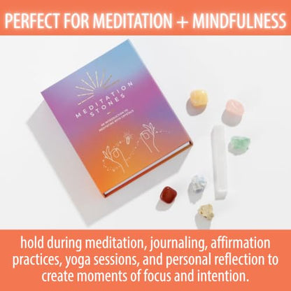 Crystal Collection Meditation Stones Set with Rose Quartz, Blue Calcite, Yellow Jade, Sandstone, Carnelian, Natural Selenite Wand, Set of 7 - color: Meditation