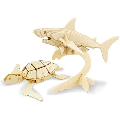 Georgie Porgy 3D Wooden Puzzles for Kids Toys Construction Woodcraft Kits DIY Model Puzzle Kits Birthday Gifts Pack of 2 (Shark Sea Turtle) - color: Shark Sea Turtle
