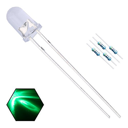 100pcs 5mm Green Lights LED Diodes Clear Round Lens 29mm Long Lead (DC 3V) +100pcs Resistors (for DC 6-12V) Included, Bright Bulb Lamps Light Emitting Diode - color: [07] Green / 100pcs, style: [B] 5mm Constant Light