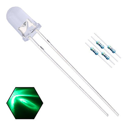 100pcs 5mm Green Lights LED Diodes Clear Round Lens 29mm Long Lead (DC 3V) +100pcs Resistors (for DC 6-12V) Included, Bright Bulb Lamps Light Emitting Diode - color: [07] Green / 100pcs, style: [B] 5mm Constant Light