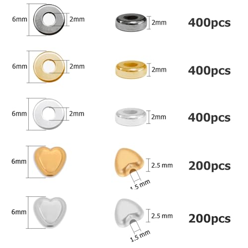 6mm Flat Round Spacer Beads, Clay Beads for Bracelets Making Kit, Heishi Polymer Flat Disc Spacer Beads for Jewelry Making, Clay Beads for Jewelry Making Gold Beads Silver (1600pcs(400Heart)) - color: 1600pcs(400Heart)