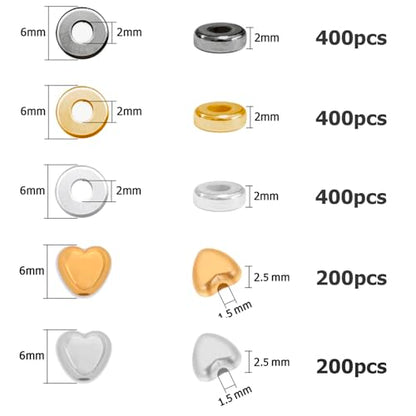 6mm Flat Round Spacer Beads, Clay Beads for Bracelets Making Kit, Heishi Polymer Flat Disc Spacer Beads for Jewelry Making, Clay Beads for Jewelry Making Gold Beads Silver (1600pcs(400Heart)) - color: 1600pcs(400Heart)