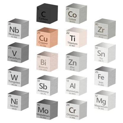 18 Pcs Metal Element Cube Density Cubes 99.99% High Purity, Periodic Table of Elements Collection for Element Collections Hobbies, Pure Tungsten Cube, Iron, Aluminum, Bismuth, 15 more (.39 inch/10 mm)