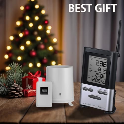 Wireless Rain Gauge Outdoor with Thermometer, Digital Rain Gauges Outdoors Best Rated with Self-Emptying & Freeze Proof, Accurate Remote Rain Measure Gauge, Automatic Outside Rain Gauge for Yard - color: Wireless Rain Gauge