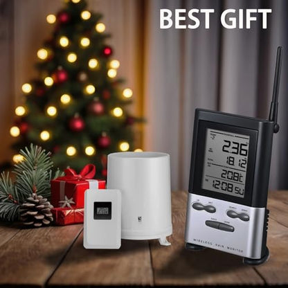 Wireless Rain Gauge Outdoor with Thermometer, Digital Rain Gauges Outdoors Best Rated with Self-Emptying & Freeze Proof, Accurate Remote Rain Measure Gauge, Automatic Outside Rain Gauge for Yard - color: Wireless Rain Gauge