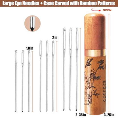 Large Eye Blunt Needles, Stainless Steel Tapestry Needle, Yarn Knitting Needles, Darning Needle with Wooden Needle Case Carving Pattern - style: Art Deco