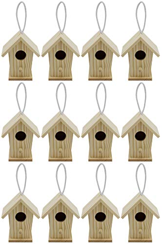 Creative Hobbies 12-Pack of Mini Wooden Bird Houses to Paint, with Hanging Cords, Unfinished DIY Design Your Own Great for Crafts, Weddings, Bible Camp and More!