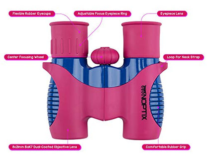 Binoculars for Kids, Girls or Boys Real Kids Binoculars in Vibrant Pink Blue - includes Sticker Book with 40 Bird Species - Kids Toys Small Binoculars, Toddler Binoculars - color: Pink and Blue