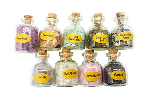 9pcs Mini Glass Wishing Bottles Tumbled Gemstone Crystal Chips Chakra Healing Reiki Stone Set (9 Mini Bottles) - color: 9 Mini Bottles