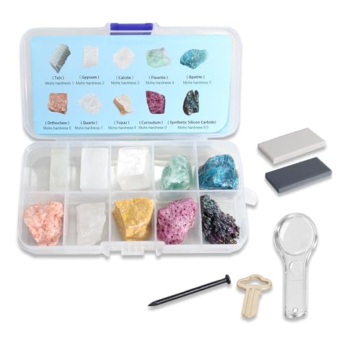 Mohs Hardness Test Kit - Include 10 Rock Mineral Specimens and 2 Unglazed Porcelain Streak Plates, Nail, Copper, Hand Lens for Exploring Identifying Studying Geology and Earth Science