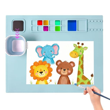 AWOKE Silicone Painting Mat - 20"X16" Silicone Art Mat with 1 Water Cup for Kids - Craft Mat has12 Color Dividers - 2 Paint Dividers (Blue),Toddler Activities,3 4 5 Year Old Girl Boy Birthday Gifts - color: Blue