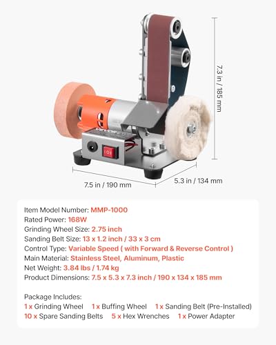 VEVOR 3-in-1 Mini Belt Sander, 13" x 1.2" Sanding Belt, 2.75" Grinding & Polishing Wheel Combo, 7-Speed Adjustable with Forward/Reverse Control for Woodworking, Jewelry Making, Knife Sharpening - size: 2.75" Grinder & 1.2" x 13" Belt Sander Combo