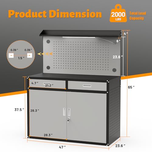 65" Heavy Duty Garage Workbench with Storage Drawers & Pegboard,2000lbs Capacity Metal Work Bench with Lockable Magnetic Cabinets,Adjustable LED Light for Workshop/Garage