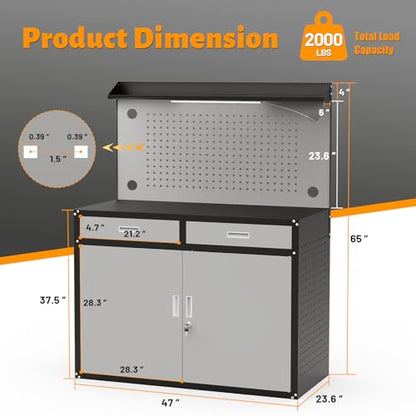 65" Heavy Duty Garage Workbench with Storage Drawers & Pegboard,2000lbs Capacity Metal Work Bench with Lockable Magnetic Cabinets,Adjustable LED Light for Workshop/Garage