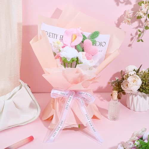 INFUNLY 15 Set Valentine's Day Crochet Flower Bouquet Kit Pink White DIY Crochet Rose Kit for Beginners Handmade Artificial Knitted Bouquet with Step-by-Step Tutorial for Wedding Bridal Decor - style: Pink Tulips Roses