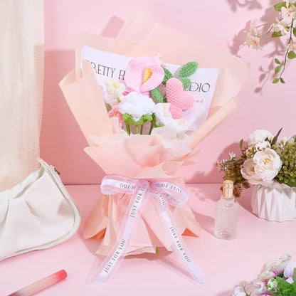 INFUNLY 15 Set Valentine's Day Crochet Flower Bouquet Kit Pink White DIY Crochet Rose Kit for Beginners Handmade Artificial Knitted Bouquet with Step-by-Step Tutorial for Wedding Bridal Decor - style: Pink Tulips Roses