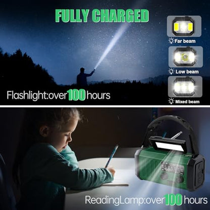 Emergency Weather Radio 20000mAh NOAA/AM/FM with 74000mWh USB/Solar/Hand Crank Charging, Battery Operated, SOS Alarm & Flashlight for Indoor/Outdoor Emergencies (Green)