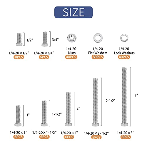 200PCS Nuts and Bolts 1/4-20 x 1/2”, 3/4”, 1”, 1-1/2”, 2”, 2-1/2”, 3” Carbon Steel Hex Bolts and Nuts Assortment Kit Hardware Screws Set (7 Different Sizes) - size: 1/4-20 (200 Pcs)