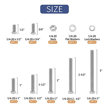 200PCS Nuts and Bolts 1/4-20 x 1/2”, 3/4”, 1”, 1-1/2”, 2”, 2-1/2”, 3” Carbon Steel Hex Bolts and Nuts Assortment Kit Hardware Screws Set (7 Different Sizes) - size: 1/4-20 (200 Pcs)