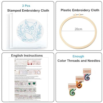Konrisa Owl Embroidery Kit for Beginners Adult, Embroidery Starter Kit with Cloth Hoops Threads DIY Sewing for Craft Lover Hand Stitch Needlepoint Kits - color: owl