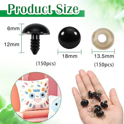 TOAOB 150pcs 18mm Black Plastic Safety Eyes Crafts Safety Eyes with 150pcs Washers for Stuffed Animals Amigurumis Crochet Making - size: 18mm