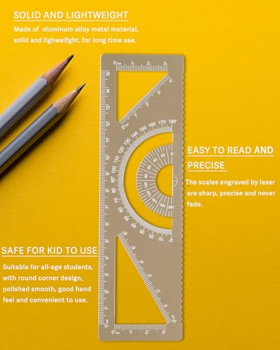 4-in-1 Geometry Set, Metal Math Ruler Kit- Aluminium Protractor, 2 Precision Triangles, Straight Edge Rule - Multifunctional Drafting& Measuring Small Ruler for Kids School - 6 in, Gold - color: Gold