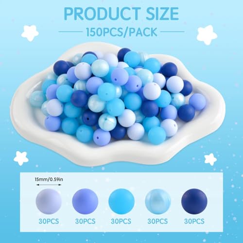 ZIFTY 150Pcs Blue Silicone Beads for Keychain Making Kit 15mm Bulk for DIY - color: Blue-150Pcs
