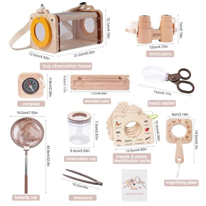 Bug Catcher Kit for Kids,11 PCS Wooden Bug Catching Kit with Butterfly Net,Magnifying Glass,Bug Habitat,Binoculars,Compass,Kids Explorer Kit for Backyard & Camping,Fun Gift for Girls Boys (11PCS)