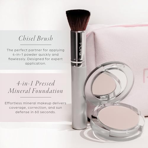 PÜR Minerals Multitasking Essentials Kit - Makeup Gift Set Includes 4-in-1 Correcting Primer, Fully Charged Mascara, 4-in-1 Pressed Mineral Powder & 1 Chisel Brush - style: MN3/Linen